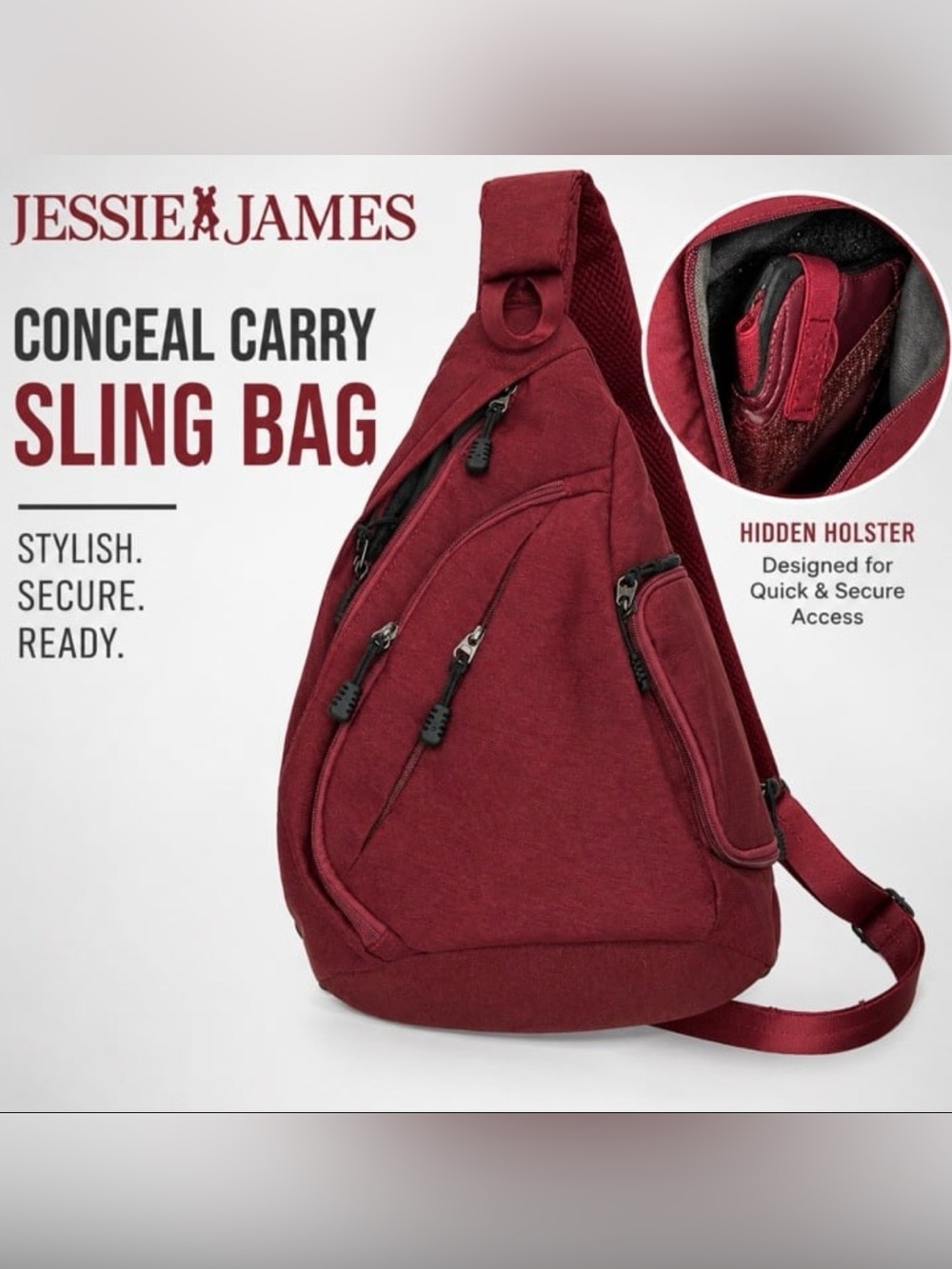 Jessie & James Sling Backpack Tactical Burgundy Bag Removable Holster EDC. CWW